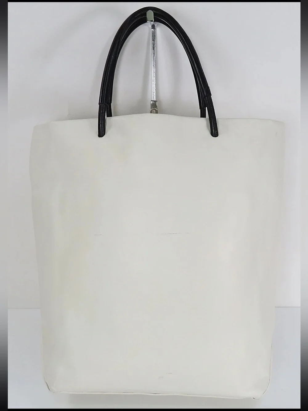 CHANEL White Canvas Tote with Black Handles and Logo